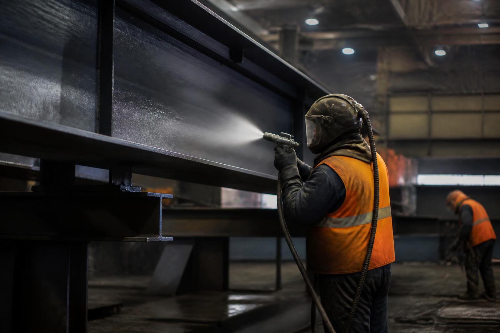 Tasdak applicator spraying a protective coating on structural steel in a Buffalo fabrication shop